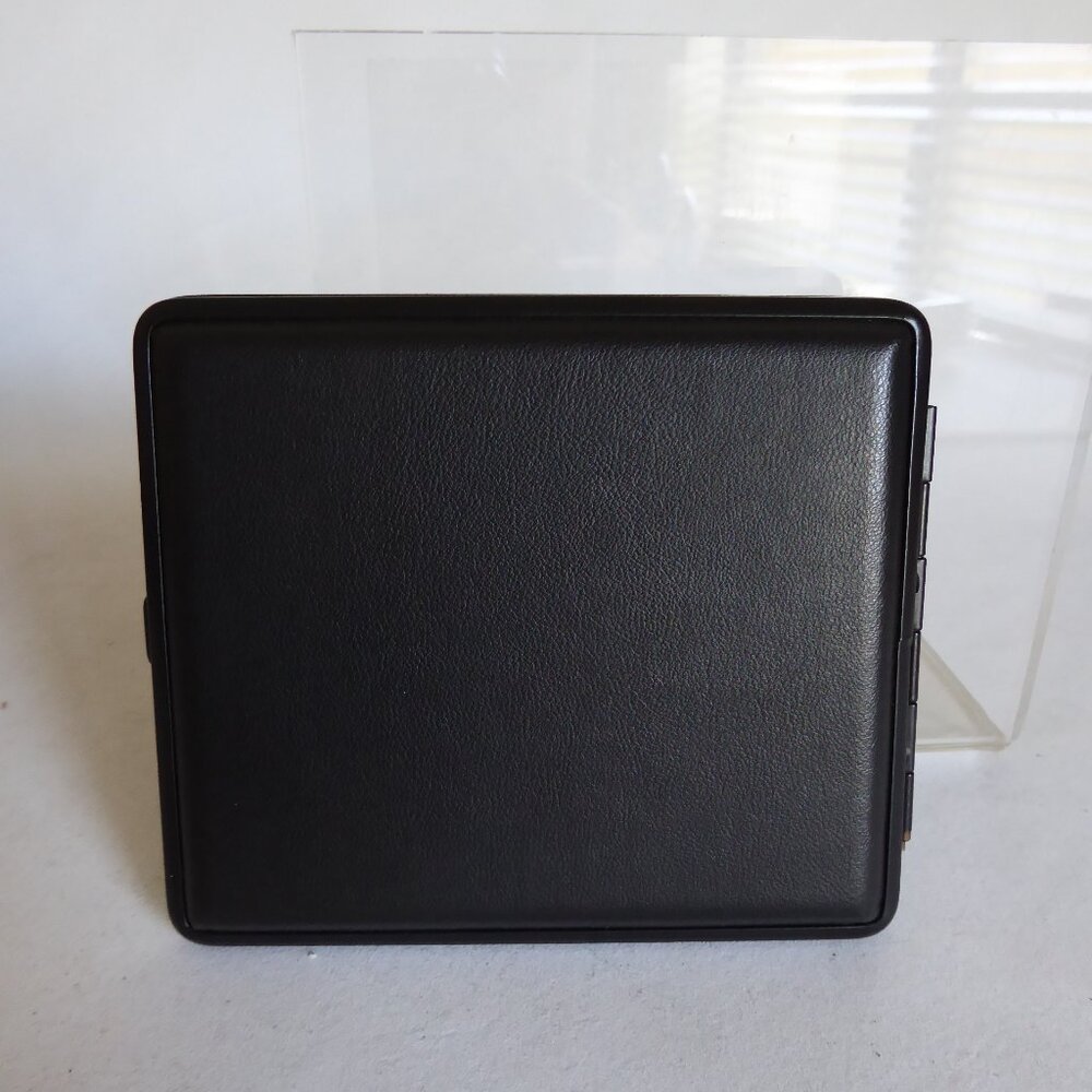 VINTAGE NEW HINGED CIGARETTE HARD CASE GERMAN LEATHER BLACK GUN METAL